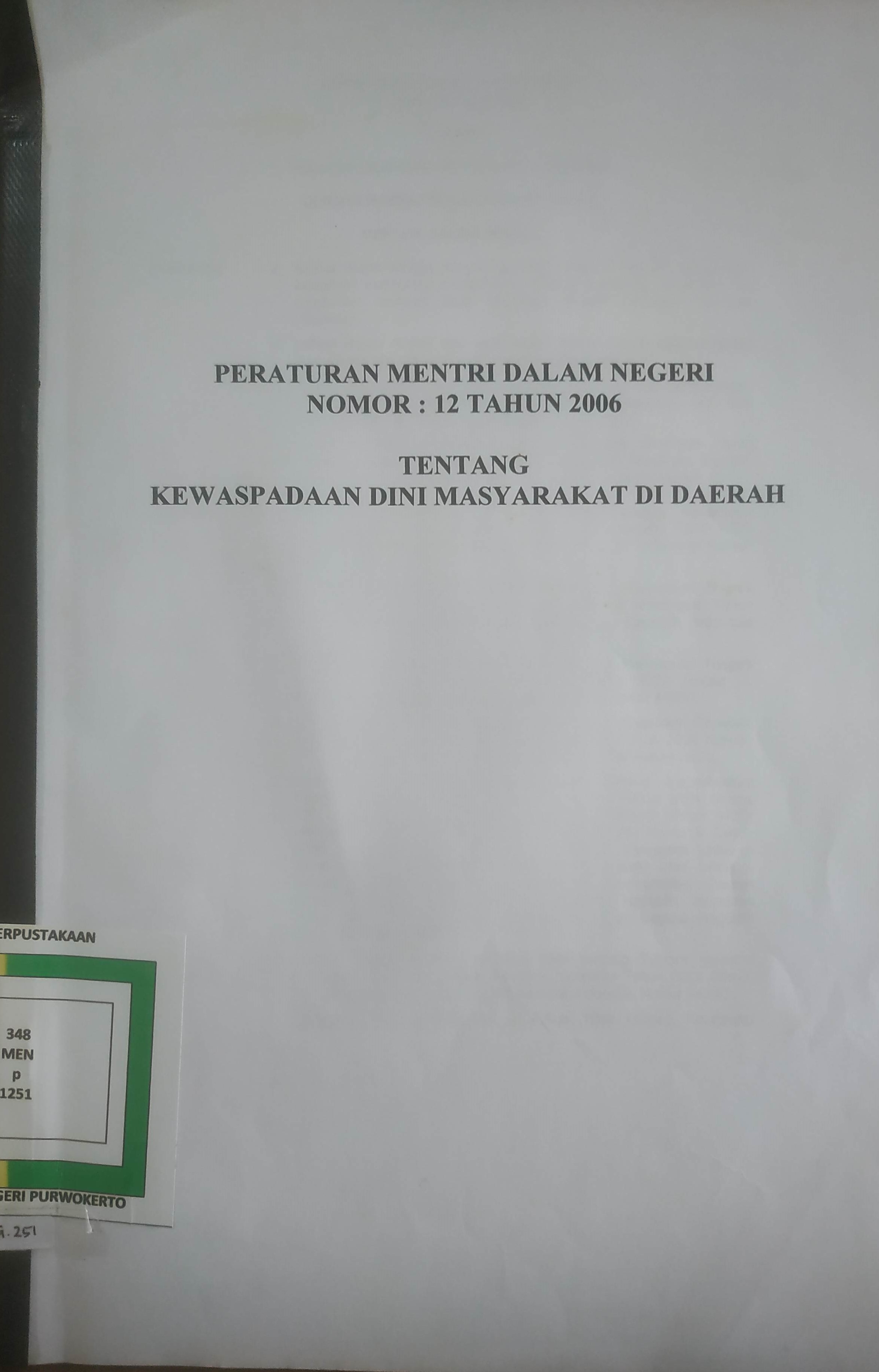 Cover Peraturan Menteri Dalam Negeri no 12 tahun 2006 tentang Kewaspadaan Dini masyarakat di Daerah