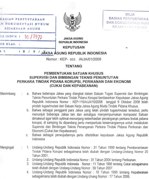 Cover PEMBENTUKAN SATUAN KHUSUS SUPERVISI DAN BIMBINGAN TEKNIS PENUNTUTAN PERKARA TINDAK PIDANA KORUPSI, PERIKANAN DAN EKONOMI (CUKAI DAN KEPABEANAN)
