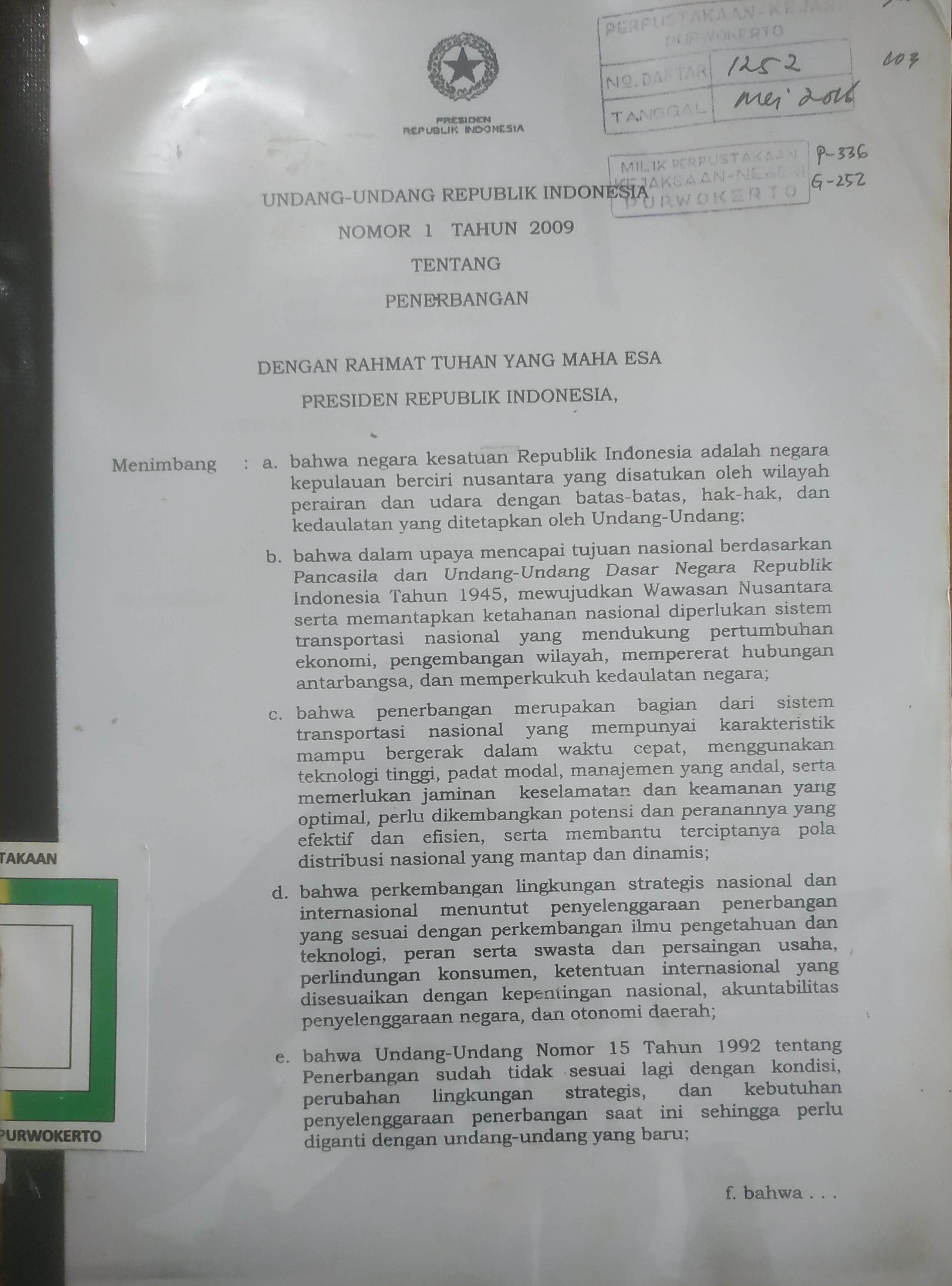 Cover Undang undang Republik Indonesia No 1 tahun 2009  tentang .Penerbangan