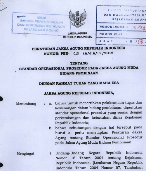 Cover STANDAR OPERASIONAL PROSEDUR PADA JAKSA AGUNG MUDA BIDANG PEMBINAAN