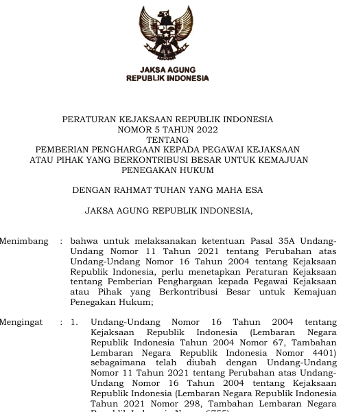 Cover Pemberian Penghargaan Kepada Pegawai Kejaksaan Atau Pihak Yang Berkontribusi Besar Untuk Kemajuan Penegakan Hukum