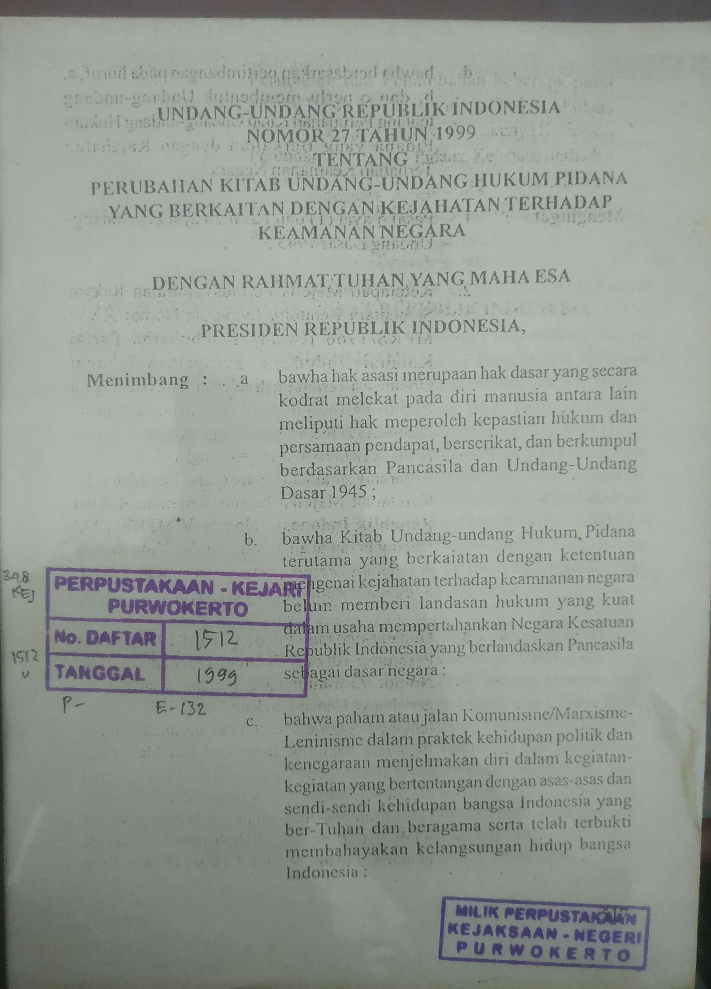 Cover Undang-Undang Republik Indonesia Nomor 27 Tahun 1999 Tentang Perubahan Kitab Undang-Undang Hukum Pidana Yang Berkaitan Dengan Kejahatan Terhadap Keamanan Negara