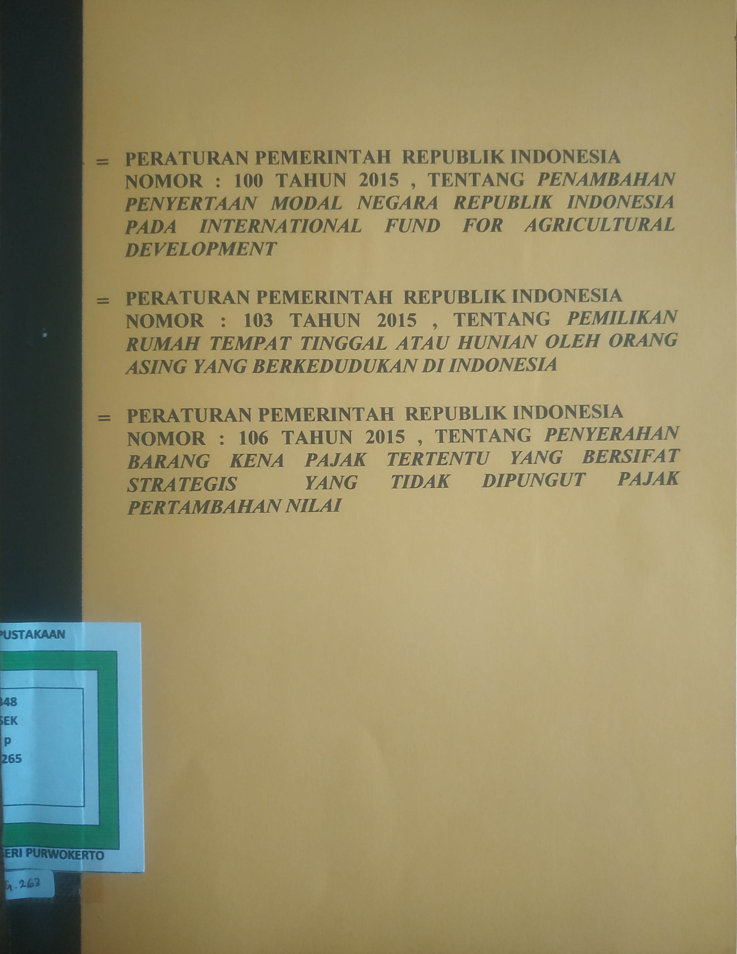 Cover Peraturan Pemerintah terkait Penambahan Penyertaan Modal Negara Republik Indonesia Kedalam Saham Internasional fund  for Agricultural Development