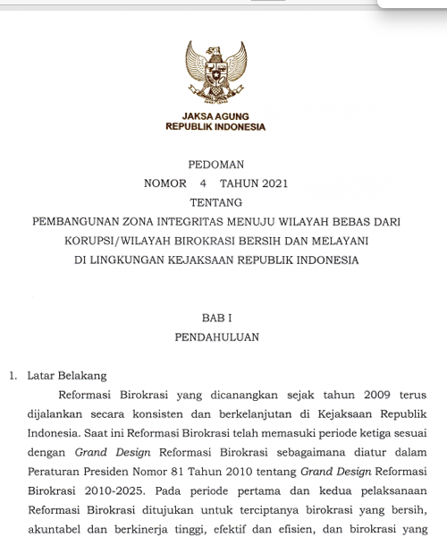 Cover Pembangunan Zona Integritas Menuju Wilayah Bebas dari KorupsiWilayah Birokrasi Bersih dan Melayani di Lingkungan Kejaksaan Republik Indonesia
