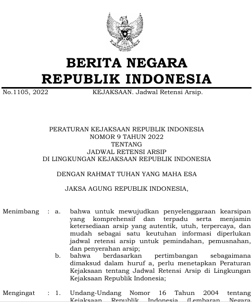Cover Jadwal Retensi Arsip Di Lingkungan Kejaksaan Republik Indonesia