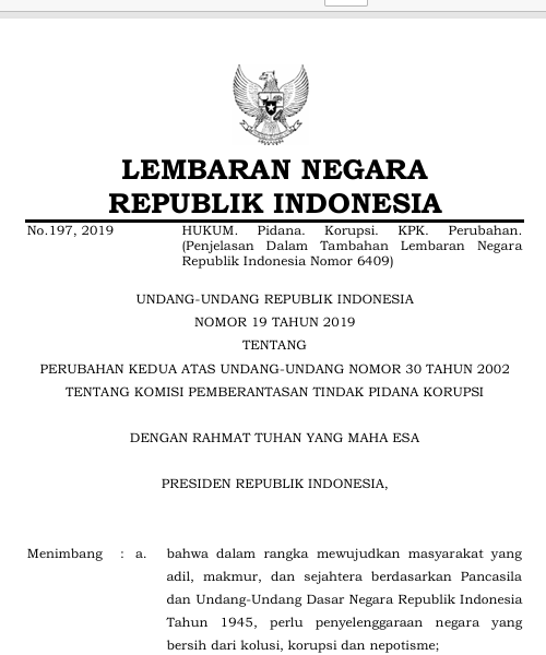 Cover Perubahan Kedua atas UU No 30 Tahun 2002 tentang Komisi Pemberantasan  Tindak Pidana Korupsi