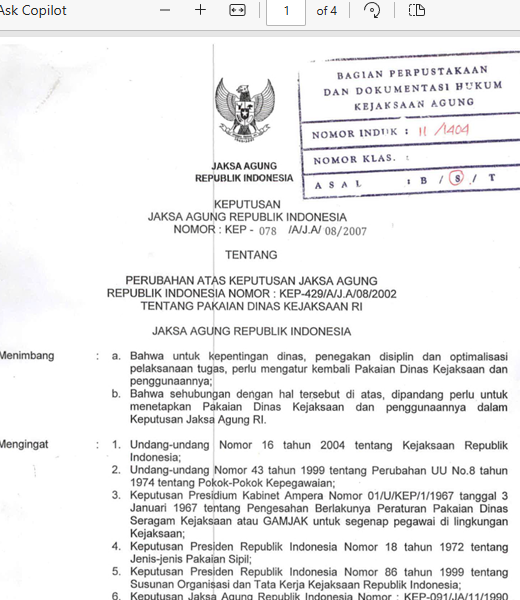 Cover PERUBAHAN ATAS KEPJA NOMOR  KEP-429/A/JA/08/2002 TENTANG PAKAIAN DINAS KEJAKSAAN RI