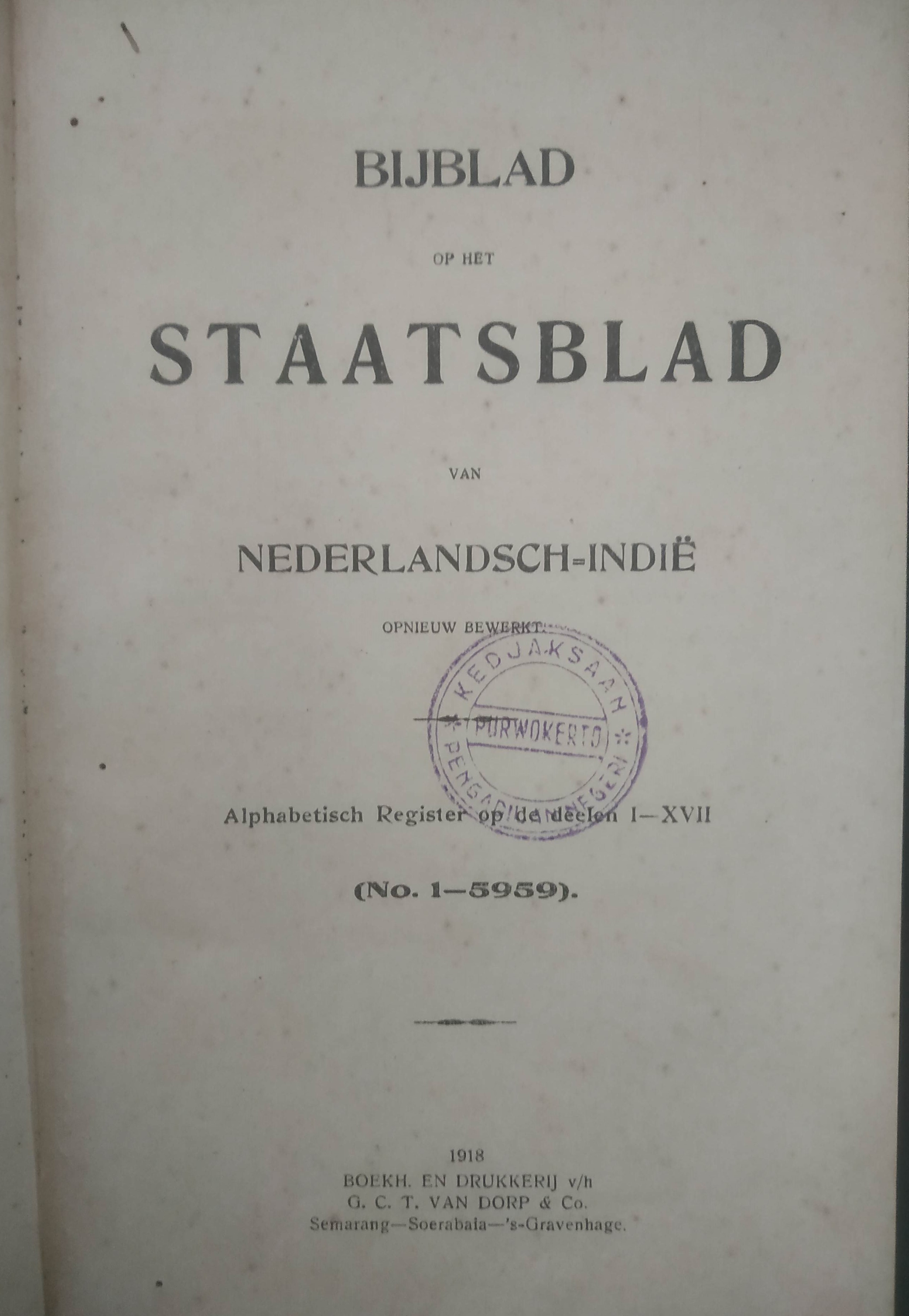Cover BijBlad op het staatsblad 1916 Alphabetisch Register op de deelen I-XVII No. 1-5959