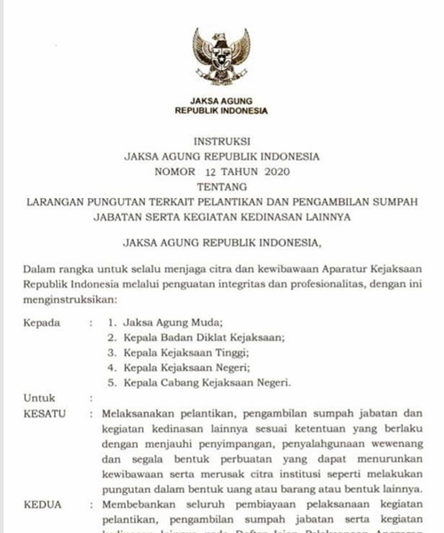 Cover LARANGAN PUNGUTAN TERKAIT PELANTIKAN DAN PENGAMBILAN SUMPAH JABATAN SERTA KEGIATAN KEDINASAN LAINYA