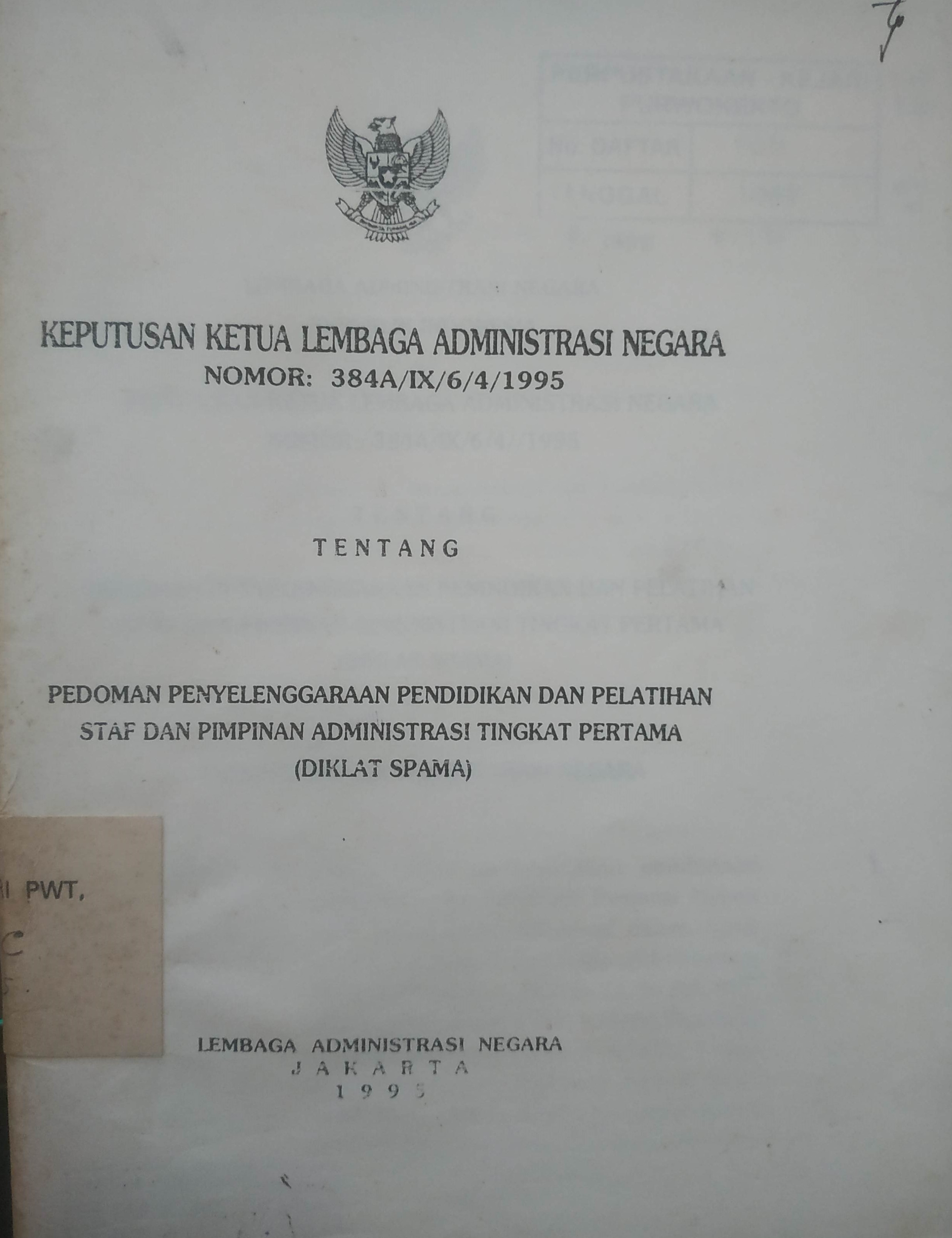 Cover Keputusan Ketua Lembaga Administrasi Negara Nomor 384 A/IX/6/4/1995 Tentang Pedoman Umum Penyelenggaraan Pendidikan dan Pelatihan Staf dan Pimpinan Administrasi Tingkat Pertama (Diklat Spama)