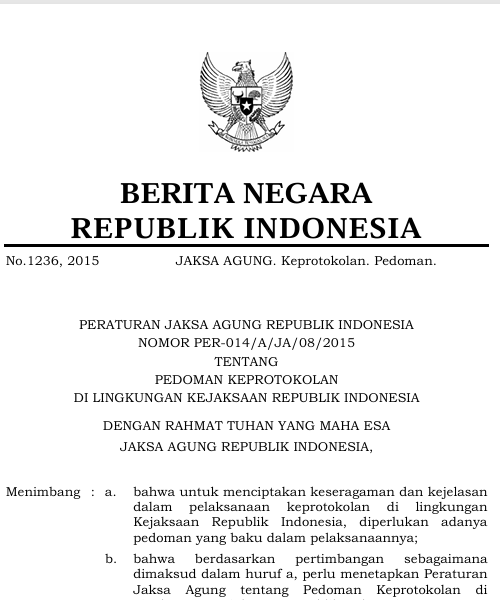 Cover PEDOMAN KEPROTOKOLAN DI LINGKUNGAN KEJAKSAAN REPUBLIK INDONESIA