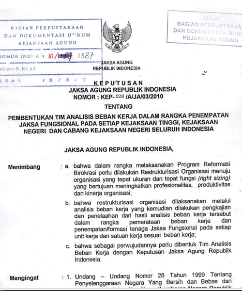 Cover PEMBENTUKAN TIM ANALISIS BEBAN KERJA DALAM RANGKA PENEMPATAN JAKSA FUNGSIONAL PADA SETIAP KEJAKSAAN TINGGI. KEJAKSAAN NEGERI DAN CABANG KEJAKSAAN NEGERI SELURUH INDONESIA