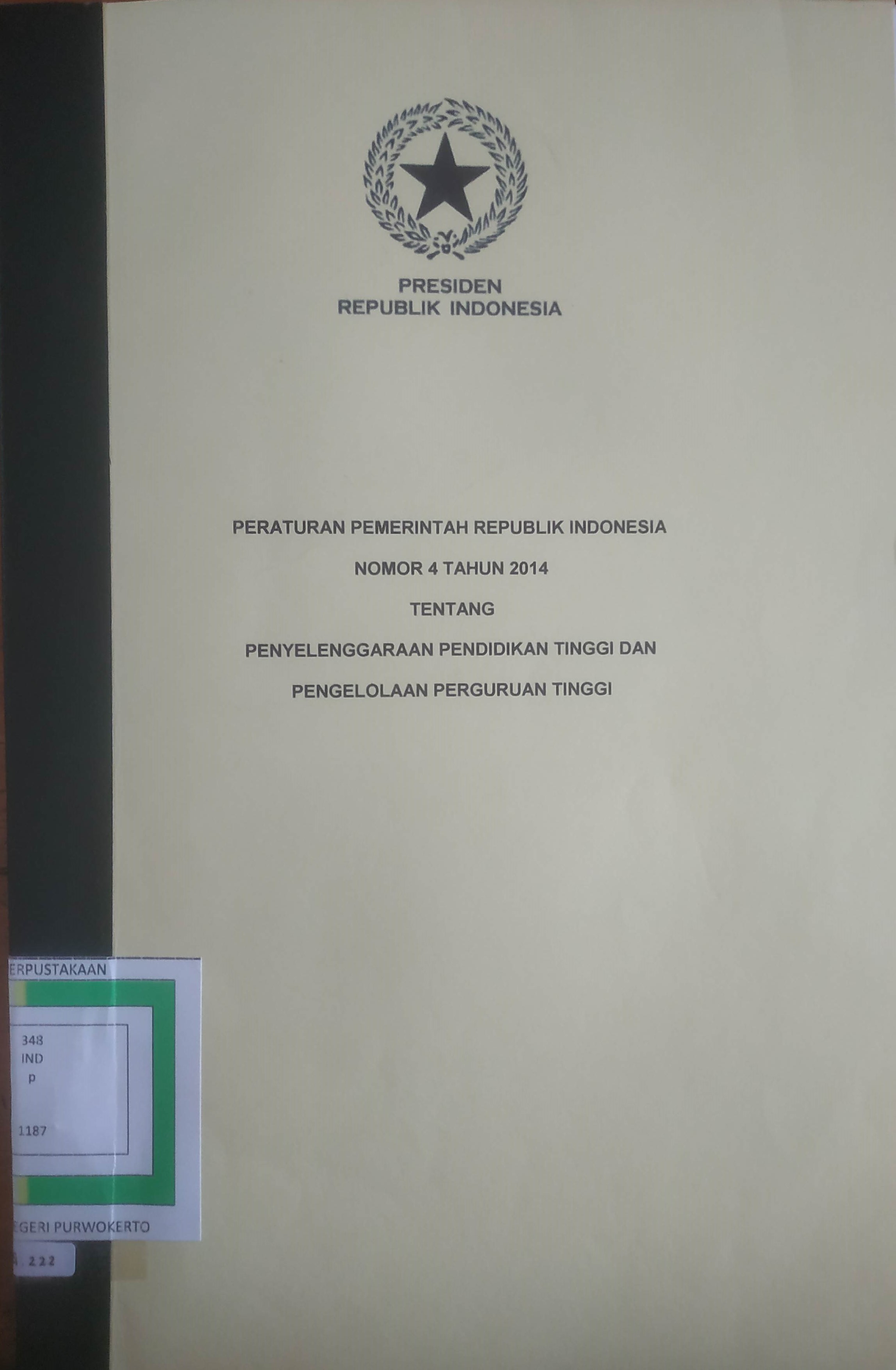 Cover Peraturan Pemerintah Republik Indonesia No. 4 tahun 2014 tentang Penyelenggaraaan Pendidikan Tinggi dan Pengelolaaan Perguruan Tinggi