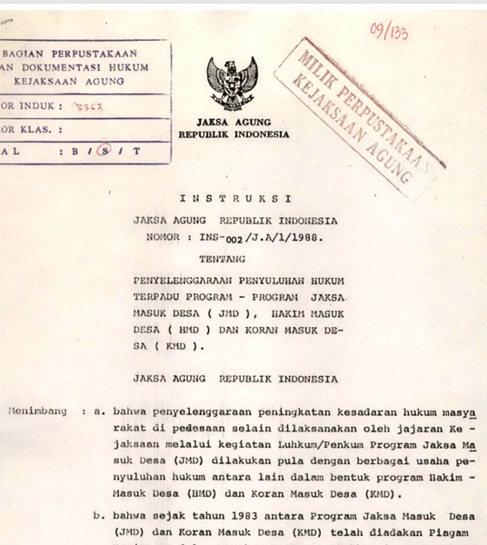 Cover PENYELENGGARAAN PENYULUHAN HUKUM TERPADU PROGRAM-PROGRAM JAKSA MASUK DESA (JMD), HAKIM MASUK DESA (HMD) DAN KORAN MASUK DESA (KMD)