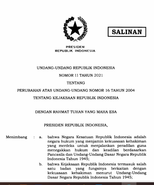Cover PERUBAHAN ATAS UNDANG-UNDANG NOMOR 16 TAHUN 2004 TENTANG KEJAKSAAN REPUBLIK INDONESIA