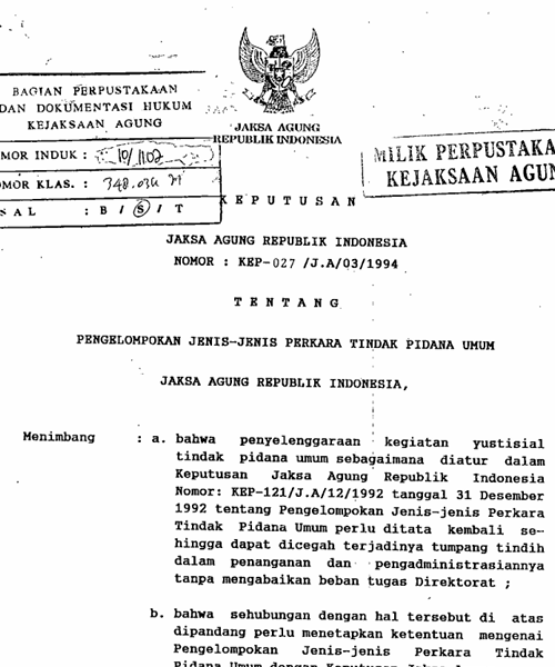Cover PENGELOMPOKAN JENIS-JENIS PERKARA TINDAK PIDANA UMUM