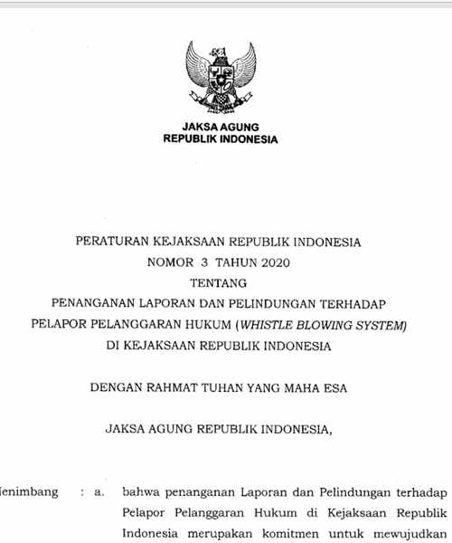 Cover Penanganan Laporan dan Pelindungan Terhadap Pelaporan Pelanggaran Hukum (Whistle Blowing System) di Kejaksaan Republik Indonesia