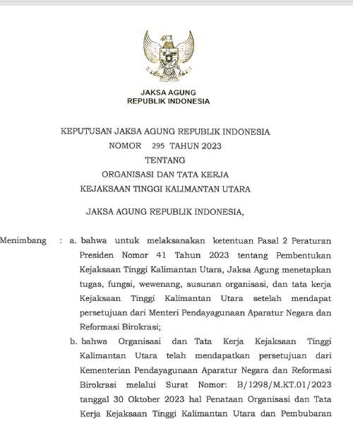 Cover ORGANISASI DAN TATA KERJA KEJAKSAAN TINGGI KALIMANTAN UTARA