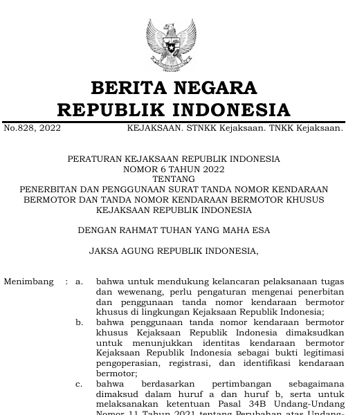 Cover Penerbitan Dan Pengunaan Surat Tanda Nomor Kendaraan Bermotor Dan Tanda Nomor Kendaraan Bermotor Khusus Kejaksaan Republik Indonesia