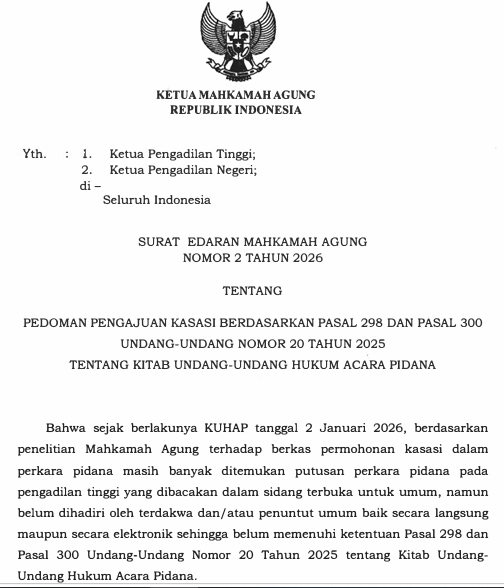 Cover  PEDOMAN PENGAJUAN KASASI BERDASARKAN PASAL 298 DAN PASAL 300 UU NOMOR 20 TAHUN 2025 TENTANG KITAB UNDANG UNDANG HUKUM ACARA PIDANA