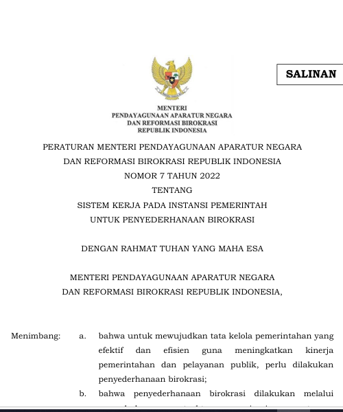 Cover Sistem Kerja pada Instansi Pemerintah untuk Penyederhanaan Birokrasi