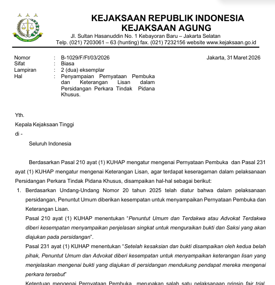 Cover Penyampaian Pernyataan Pembuka dan Keterangan Lisan dalam Persidangan Perkara Tindak Pidana Khusus