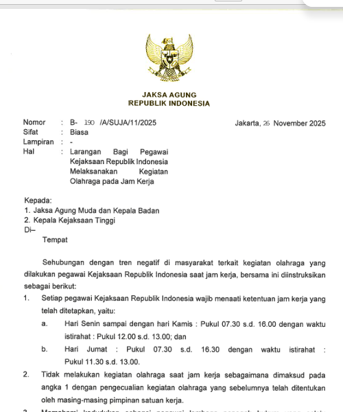 Cover LARANGAN BAGI PEGAWAI KEJAKSAAN RI MELAKSANAKAN KEGIATAN OLAH RAGA PADA JAM KERJA