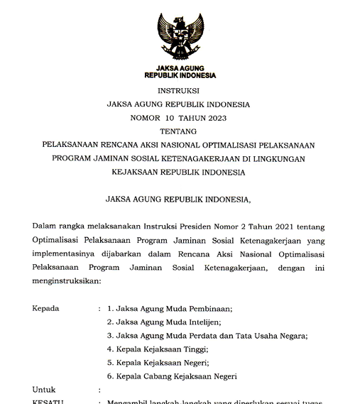 Cover PELAKSANAAN RENCANA AKSI NASIONAL OPTIMALISASI PELAKSANAAN PROGRAM JAMINAN SOSIAL KETENAGAKERJAAN DI LINGKUNGAN KEJAKSAAN RI
