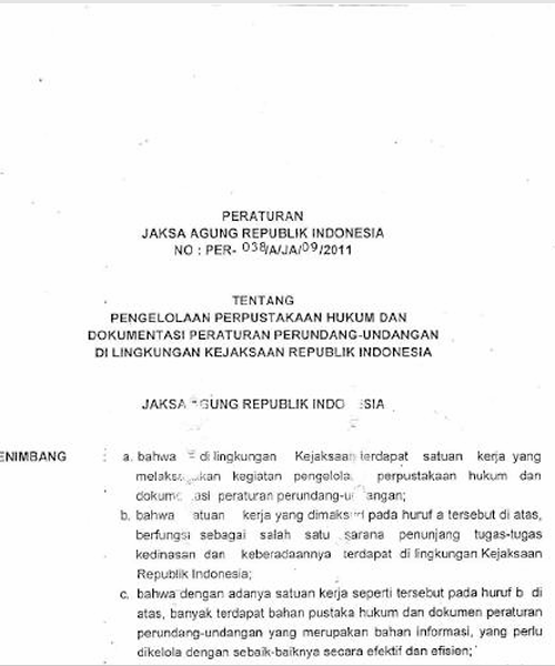 Cover PENGELOLAAN PERPUSTAKAAN HUKUM DAN DOKUMENTASI PERATURAN PERUNDANG-UNDANGAN DI LINGKUNGAN KEJAKSAAN REPUBLIK INDONESIA