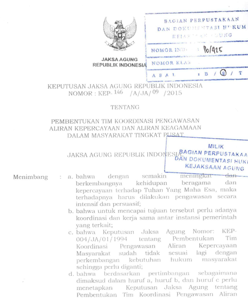 Cover PEMBENTUKAN TIM KOORDINASI PENGAWASAN ALIRAN KEPERCAYAAN DAN ALIRAN KEAGAMAAN DALAM MASYARAKAT TINGKAT PUSAT
