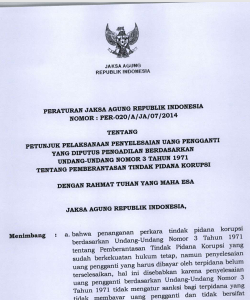 Cover PETUNJUK PELAKSANAAN PENYELESAIAN UANG PENGGANTI YANG DIPUTUS PENGADILAN BERDASARKAN UNDANG-UNDANG NOMOR 3 TAHUN 1971 TENTANG PEMBERANTASAN TINDAK PIDANA KORUPSI