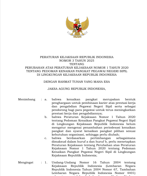 Cover PERUBAHAN ATAS PERATURAN KEJAKSAAN NOMOR 1 TAHUN 2020 TENTANG PEDOMAN KENAIKAN PANGKAT PEGAWAI NEGERI SIPIL DI LINGKUNGAN KEJAKSAAN REPUBLIK INDONESIA