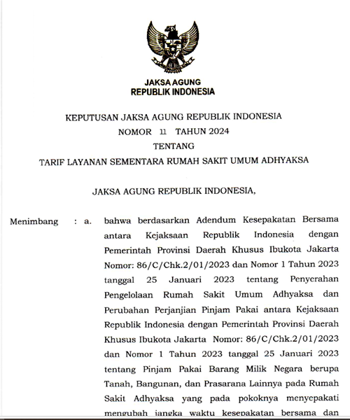 Cover TARIF LAYANAN SEMENTARA RUMAH SAKIT UMUM ADHYAKSA