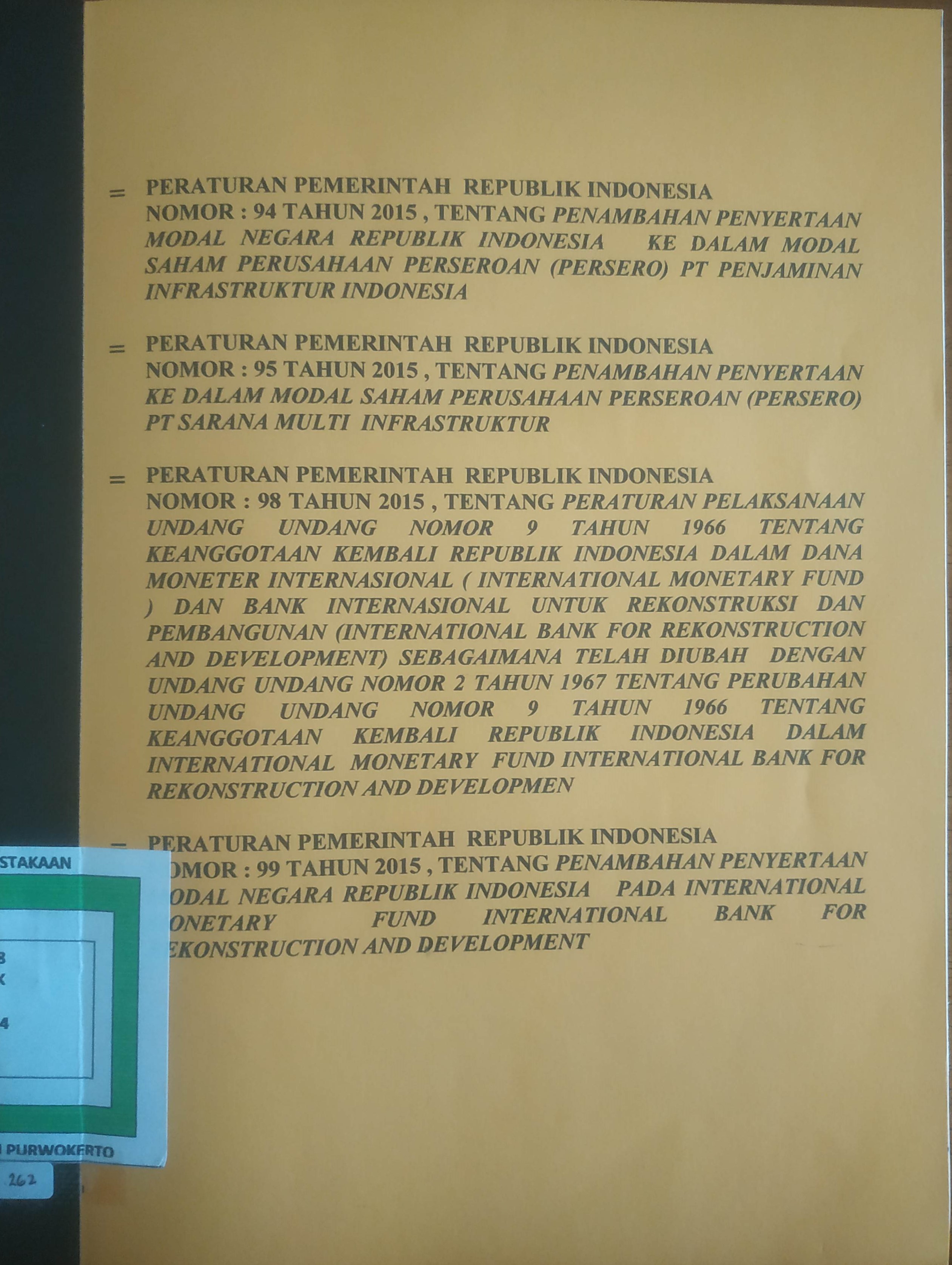 Cover -Peraturan Pemerintah terkait Penambahan Penyertaan Modal Negara Republik Indonesia Kedalam Saham Perusahan Pereseroan (Persero) PT . Penjaminan Infrastruktur Indonesia, Perusahaan Perseroan (Persero) PT.Sarana Multi Infrastruktur