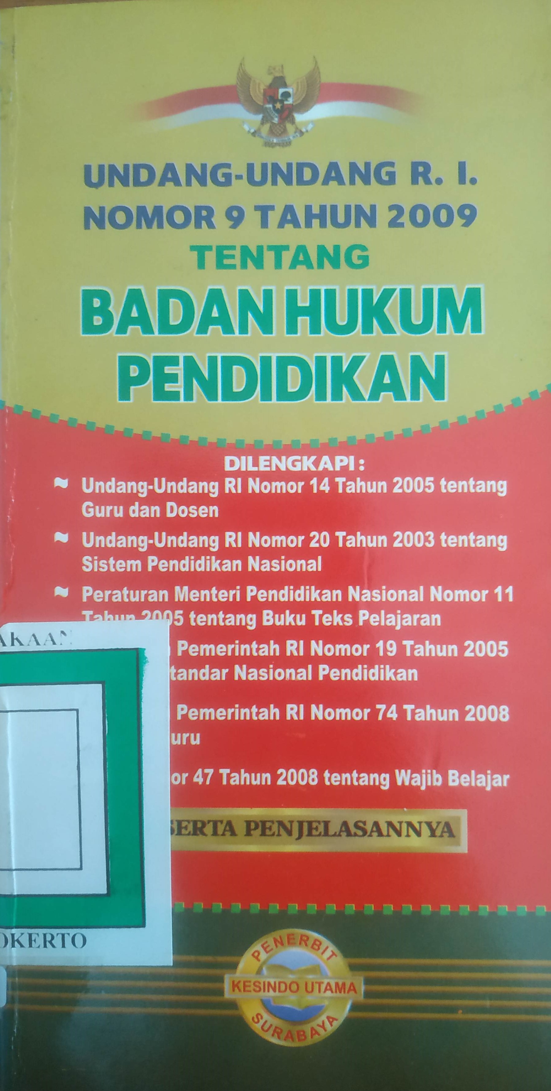 Cover UURI No.9 tahun 2009 tentang Badan Hukum Pendidikan