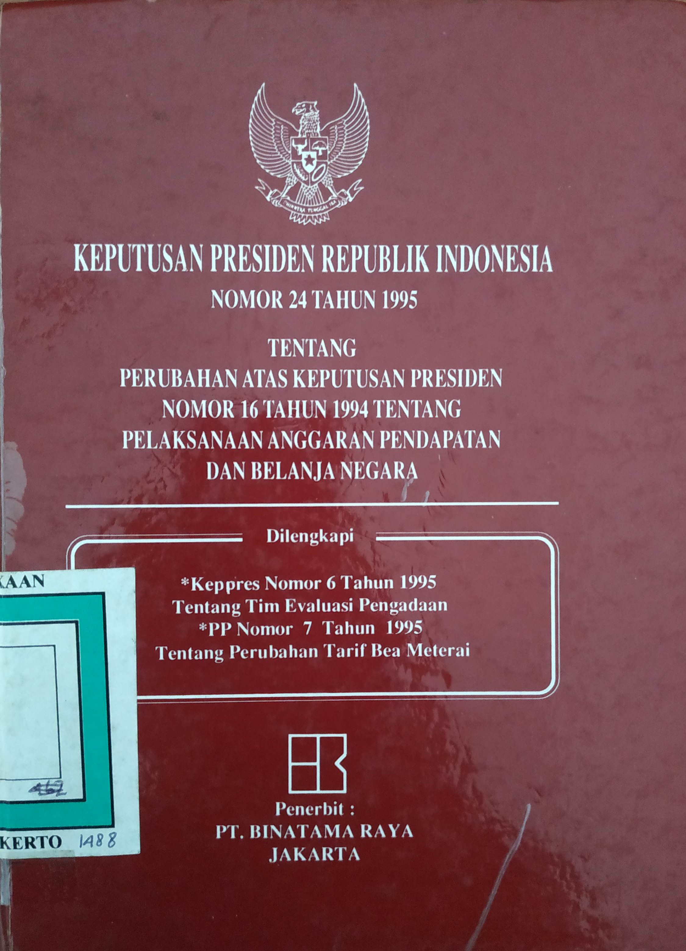 Cover Keputusan Presiden RI No. 24 Tahun 1995 tentang Perubahan atas Keputusan Presiden RI No. 16 Tahun 1994 tentang Pelaksanaan Anggaran Pendapatan dan Belanja Negera