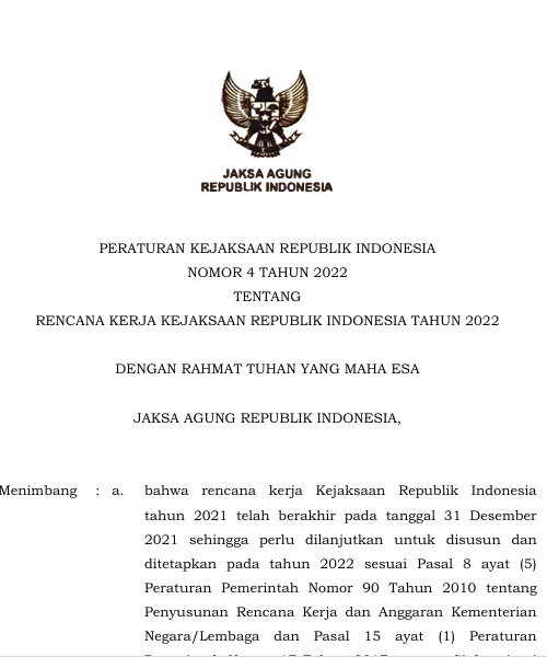 Cover Rencana Kerja Kejaksaan Republik Indonesia Tahun 2022