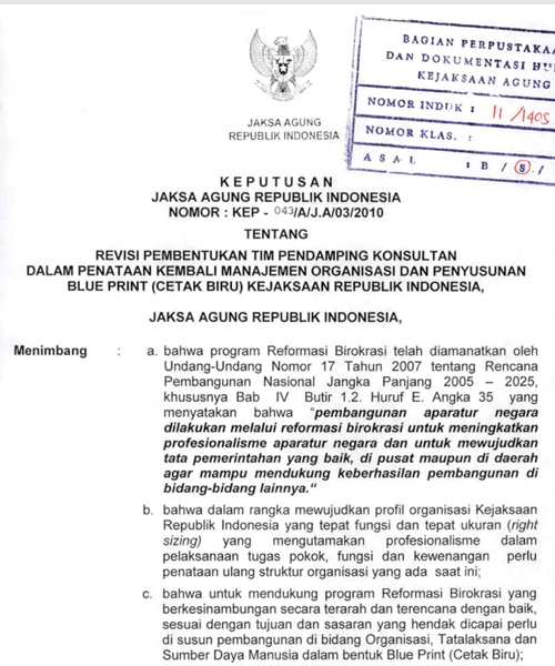Cover REVISI PEMBENTUKAN TIM PENDAMPING KONSULTAN DALAM PENATAAN KEMBALI MANAJEMEN ORGANISASI DAN PENYUSUNAN BLUE PRINT (CETAK BIRU) KEJAKSAAN REPUBLIK INDONESIA