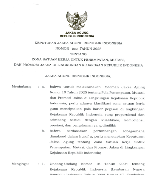 Cover ZONA SATUAN KERJA UNTUK PENEMPATAN, MUTASI, DAN PROMOSI JAKSA DI LINGKUNGAN KEJAKSAAN REPUBLIK INDONESIA