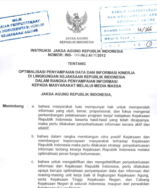 Cover OPTIMALISASI PENYAMPAIAN DATA DAN INFORMASI KINERJA DI LINGKUNGAN KEJAKSAAN REPUBLIK INDONESIA DALAM RANGKA PENYAMPAIAN INFORMASI KEPADA MASYARAKAT MELALUI MEDIA MASSA