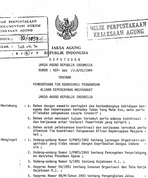 Cover PEMBENTUKAN TIM KOORDINASI PENGAWASAN ALIRAN KEPERCAYAAN MASYARAKAT