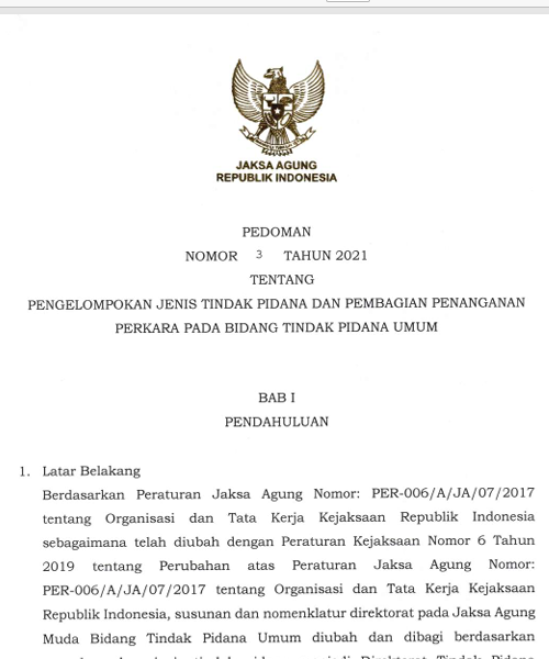 Cover PEDOMAN PENGELOMPOKAN JENIS TINDAK PIDANA DAN PEMBAGIAN PENANGANAN PERKARA PADA BIDANG TINDAK PIDANA UMUM