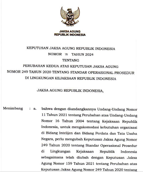 Cover PERUBAHAN KEDUA ATAS KEPUTUSAN JAKSA AGUNG NOMOR 249 TAHUN 2020 TENTANG STANDAR OPERASIONAL PROSEDUR DI LINGKUNGAN KEJAKSAAN REPUBLIK INDONESIA