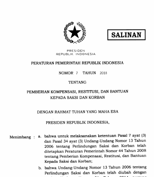 Cover Pemberian Kompensasi, Restitusi, dan Bantuan Kepada Saksi dan Korban