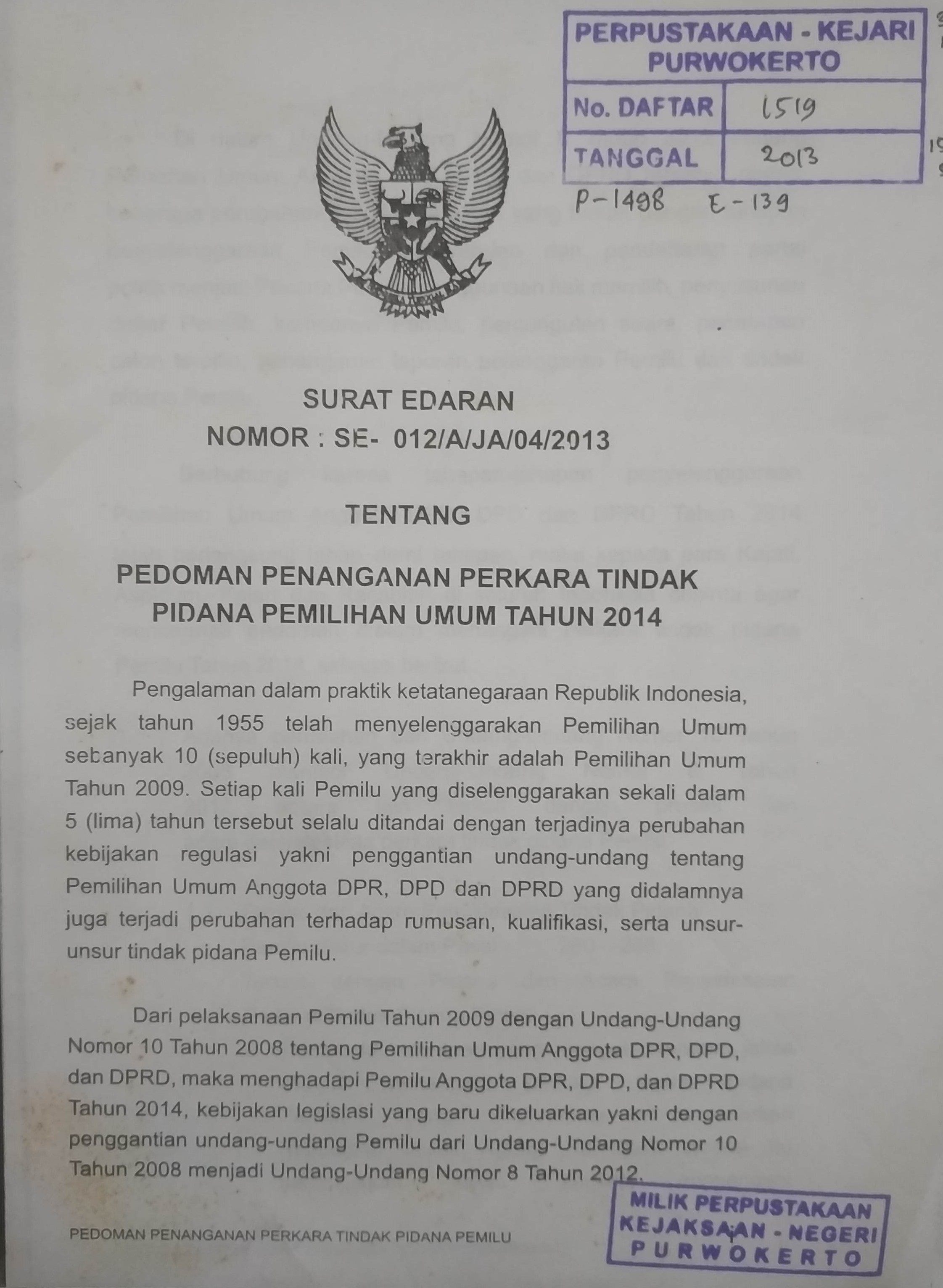 Cover Surat Edaran Nomor : SE-012/A/JA/04/2013 tentang Pedoman Penanganan Perkara TIndak Pidana Pemilihan Umum Tahun 2014
