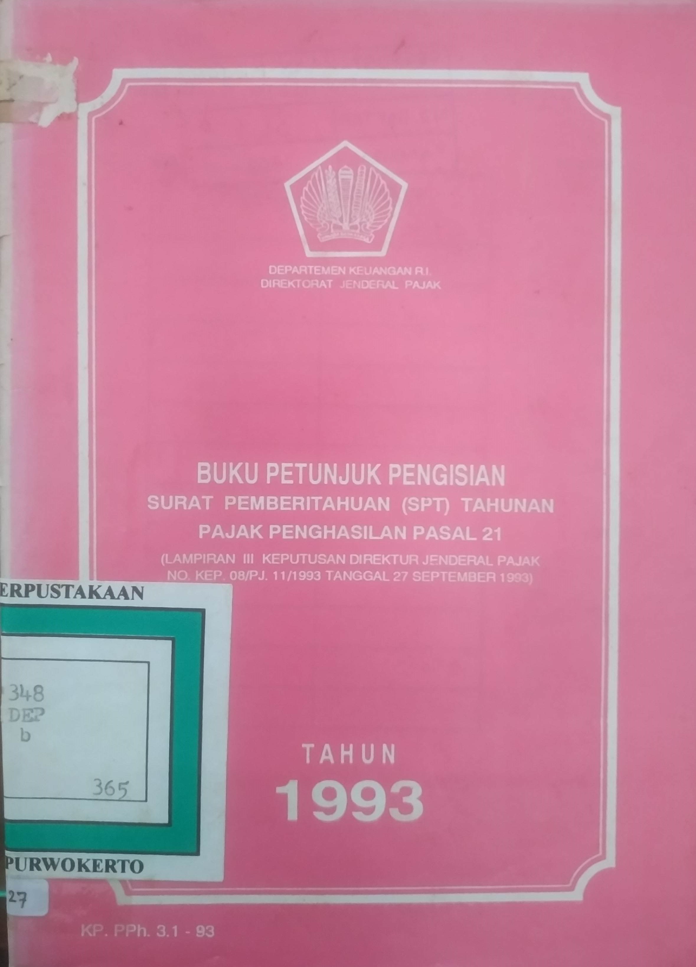 Cover Buku petunjuk pengisian SPT Pajak penghasilan Pasal 21 Tahun 1993.