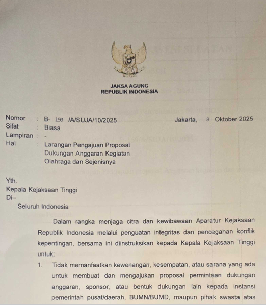 Cover LARANGAN PENGAJUAN PROPOSAL DUKUNGAN ANGGARAN KEGIATAN OLAH RAGA DAN SEJENISNYA