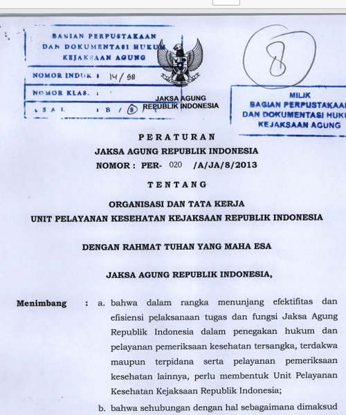 Cover ORGANISASI DAN TATA KERJA UNIT PELAYANAN KESEHATAN KEJAKSAAN REPUBLIK INDONESIA