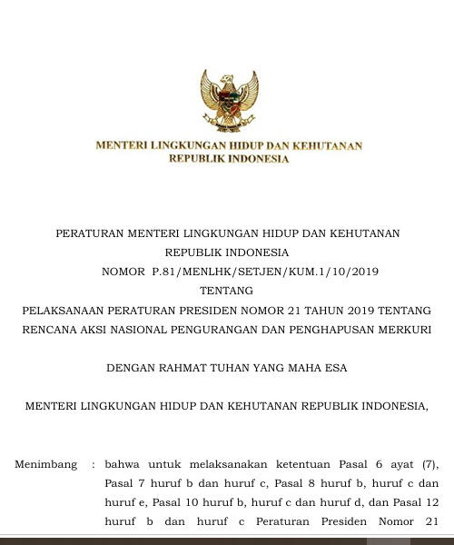 Cover Pelaksanaan Peraturan Presiden Nomor 21 Tahun 2019 tentang Rencana Aksi Nasional Pengurangan dan Penghapusan Merkuri