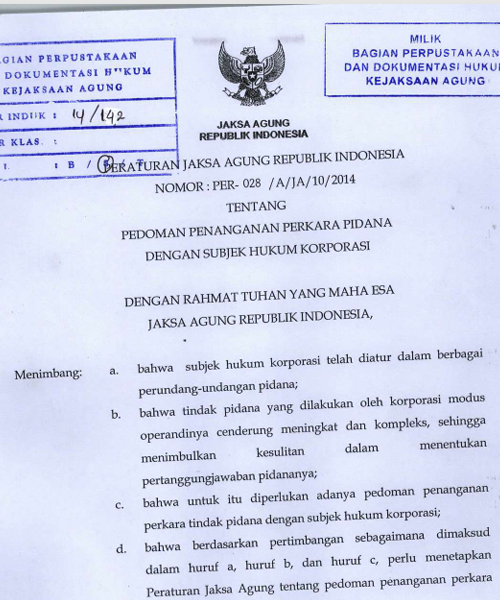 Cover PEDOMAN PENANGANAN PERKARA PIDANA DENGAN SUBJEK HUKUM KORPORASI